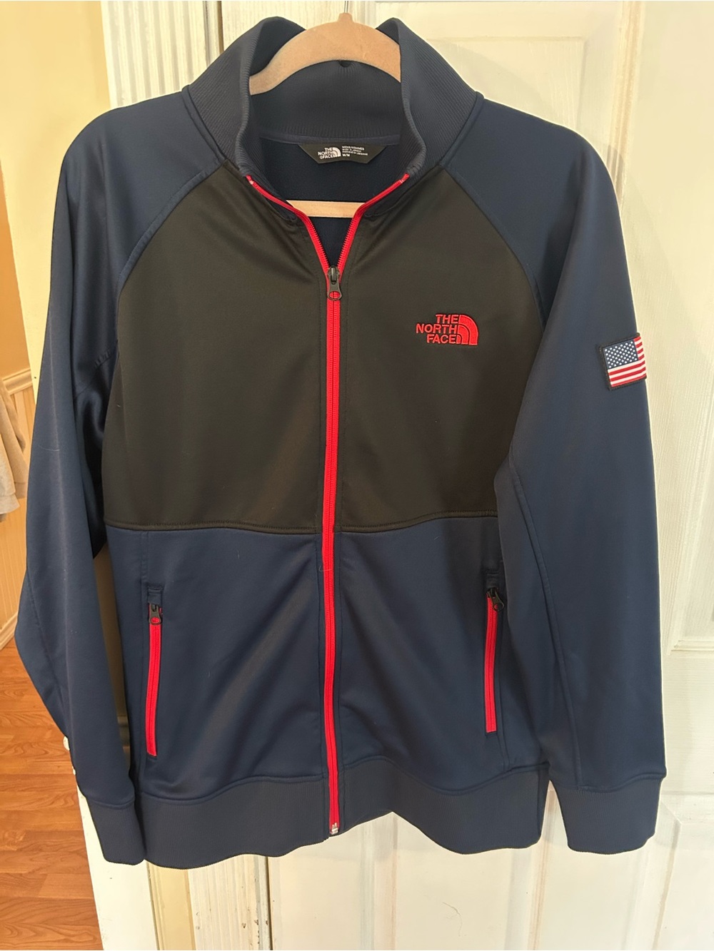 The North Face Men’s Navy & Black Full-Zip Jacket w/Red Trim and Flag on Sleeves